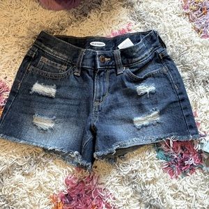 Dark wash distressed denim shorts